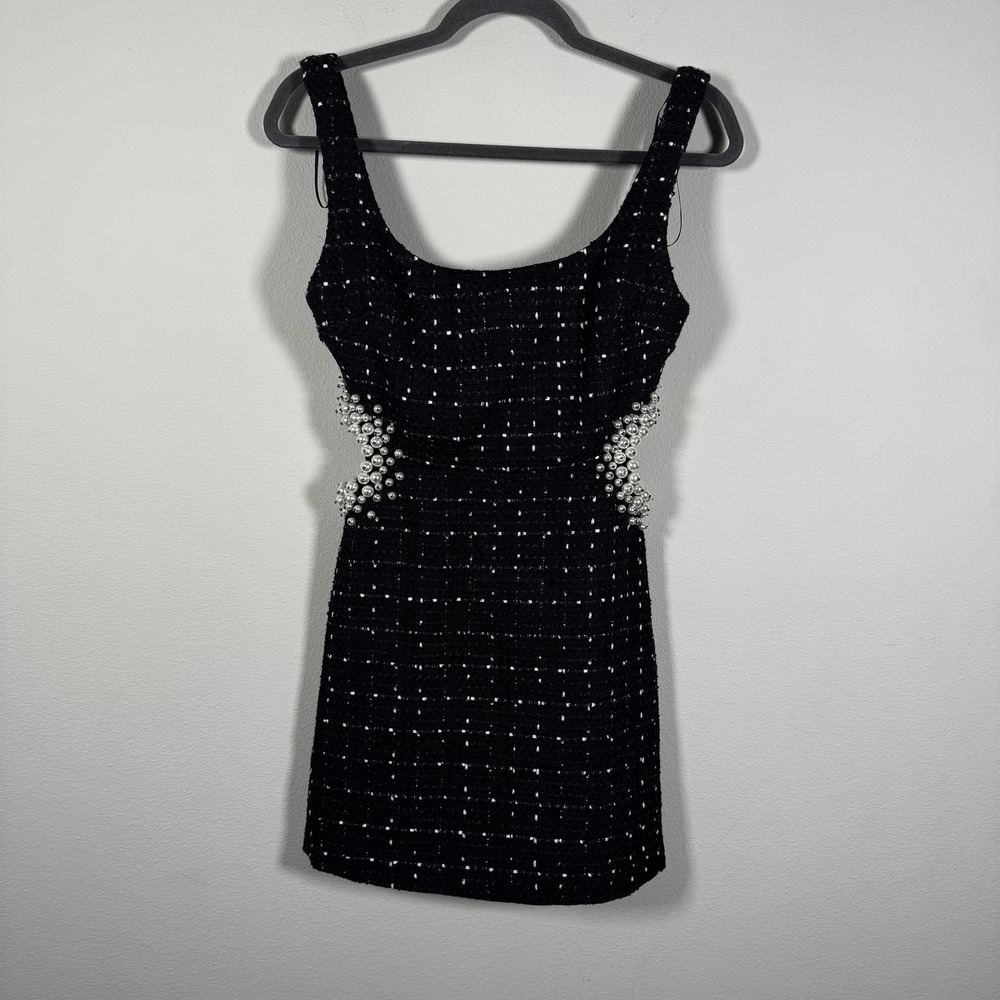 Zara Black Tweed Pearl Embellished Cut Out Mini Dress Sleeveless Scoop Neck
